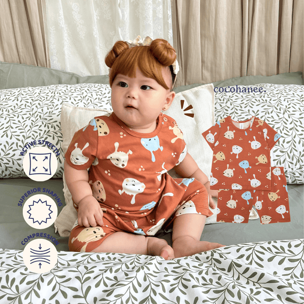 Cocohanee - Brown Puppies Baby Short Shoulder Button Pajamas - Piyama Bayi dengan Kancing di Bahu