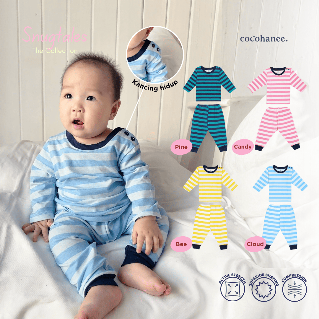 Stripe - Baby Long Shoulder Button Pajamas - Piyama Bayi Motif Salur dengan Kancing di Bahu