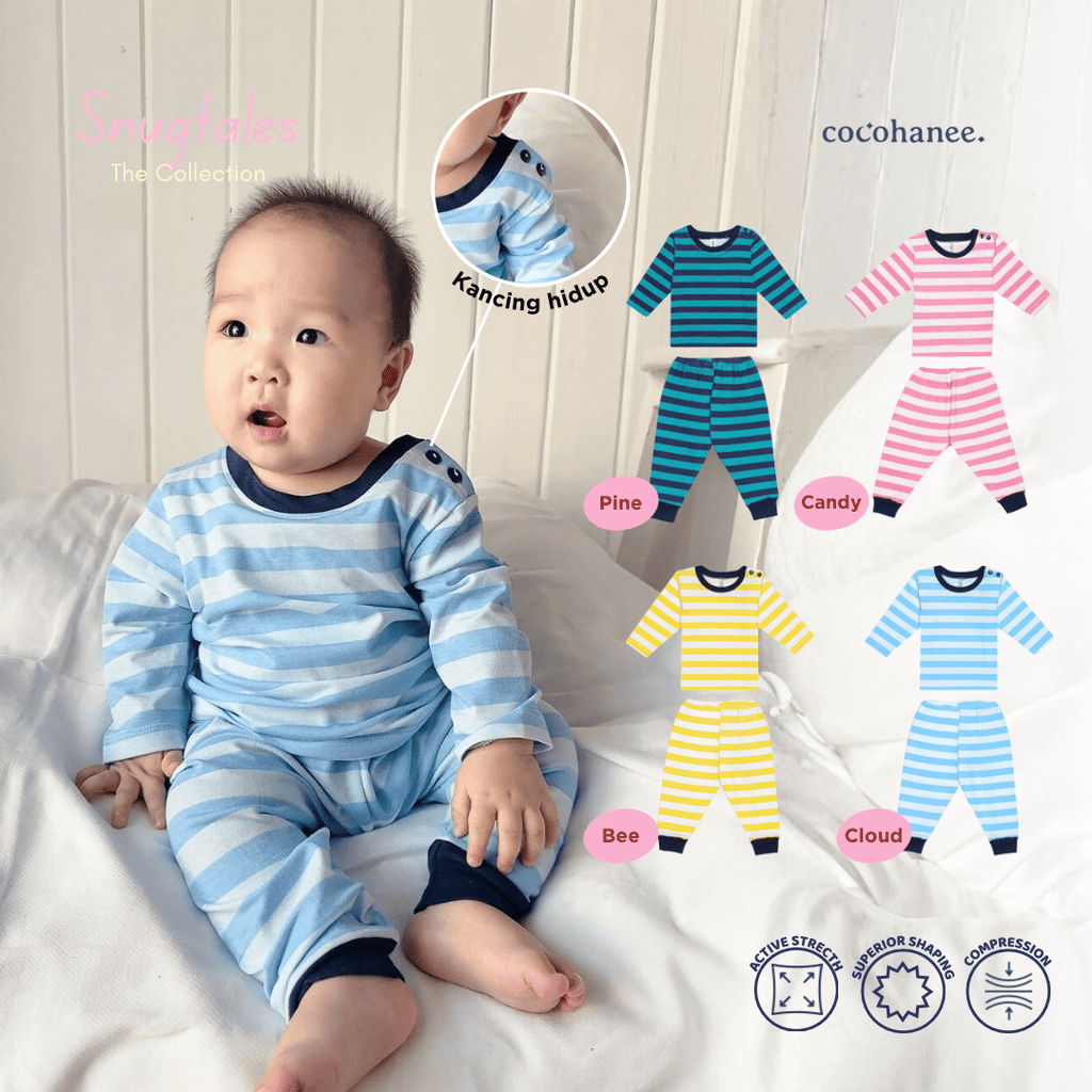 Stripe - Baby Long Shoulder Button Pajamas - Piyama Bayi Motif Salur dengan Kancing di Bahu