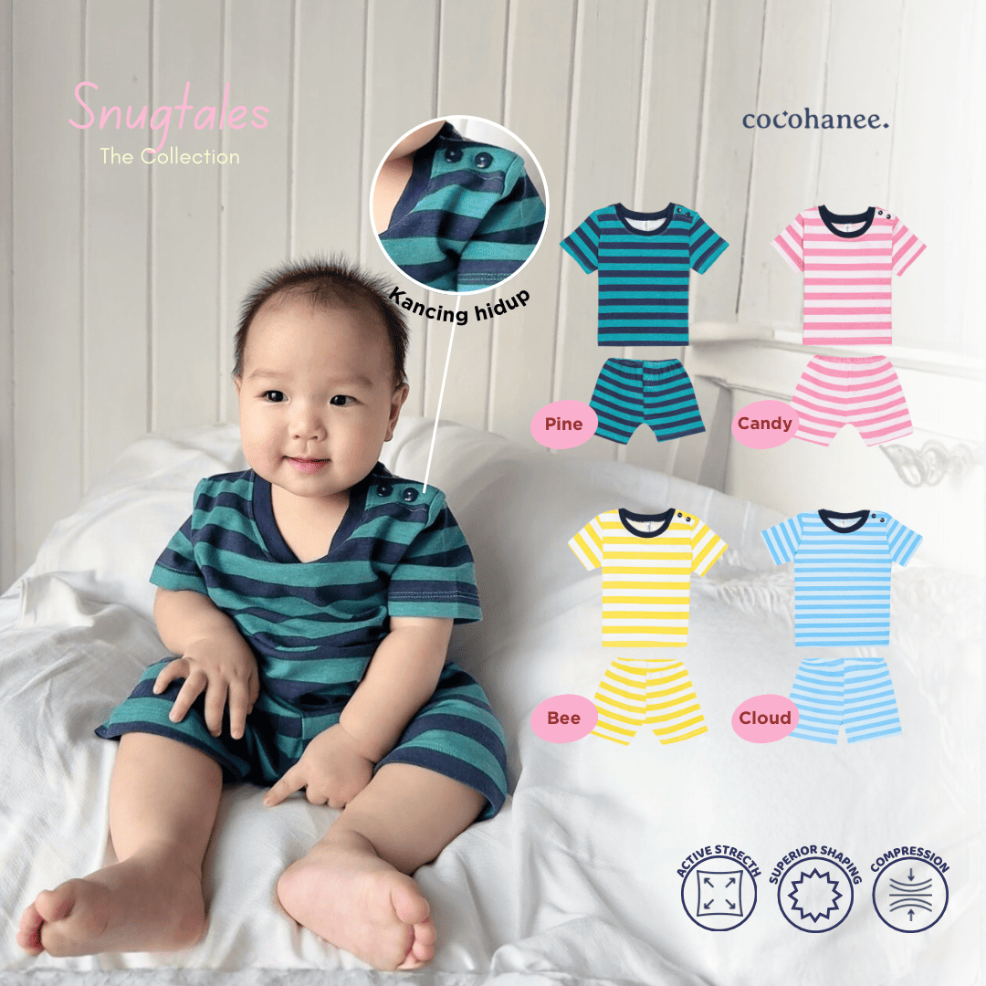 Stripe - Baby Short Shoulder Button Pajamas - Piyama Bayi Motif Salur dengan Kancing di Bahu