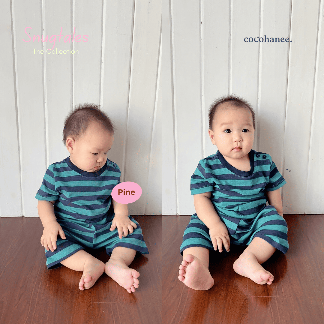 Stripe - Baby Short Shoulder Button Pajamas - Piyama Bayi Motif Salur dengan Kancing di Bahu