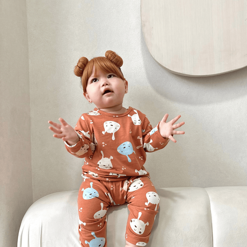 Cocohanee - Brown Puppies Baby Long Shoulder Button Pajamas - Piyama Bayi dengan Kancing di Bahu
