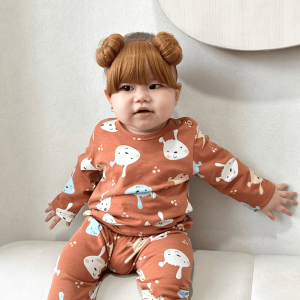Cocohanee - Brown Puppies Baby Long Shoulder Button Pajamas - Piyama Bayi dengan Kancing di Bahu