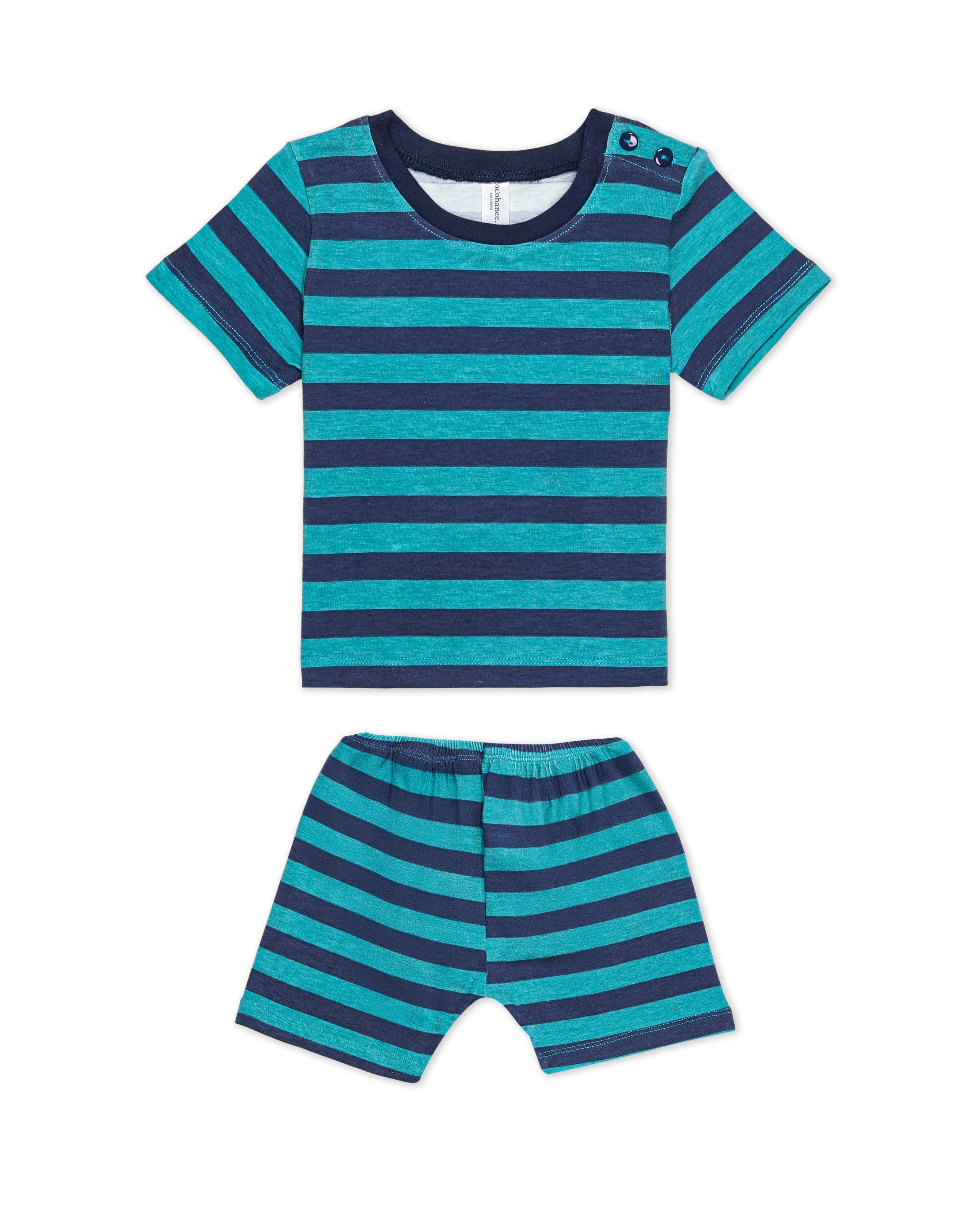 Stripe - Baby Short Shoulder Button Pajamas - Piyama Bayi Motif Salur dengan Kancing di Bahu